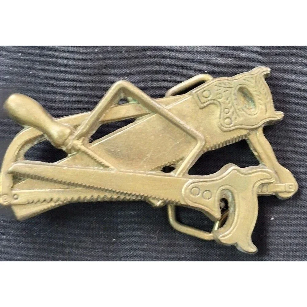 Vintage 1981 Baron Buckles Carpentry Belt Buckle Solid Brass Saws
